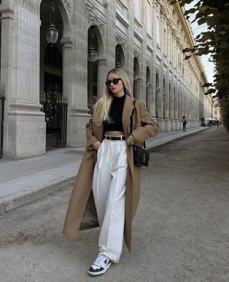Open Camel Coat Over Crop Top and Wide-Leg Trousers Open Camel Coat Over Crop Top and Wide-Leg Trousers — Dressy Winter Outfits
