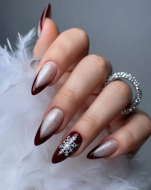 Deep Red Stiletto with Snowflake Art Deep Red Stiletto with Snowflake Art — Dark Winter Nails