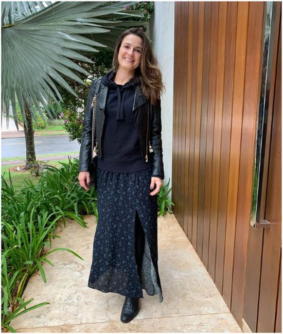 Edgy Black Hoodie with Leather Jacket and Printed Skirt — Hoodie Outfits