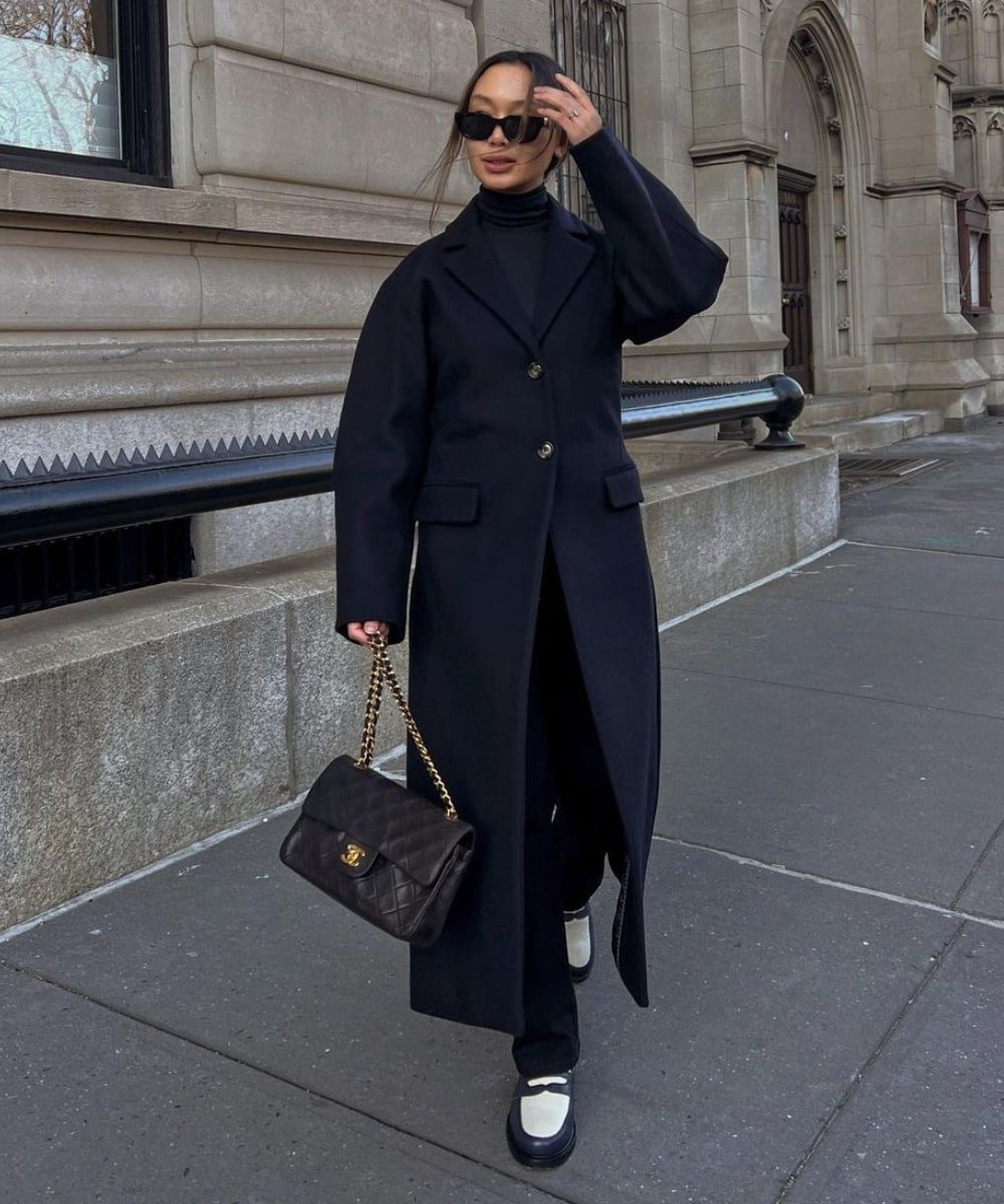 Classic Black Turtleneck and Trousers with Long Wool Coat — Minimalist Winter Outfits