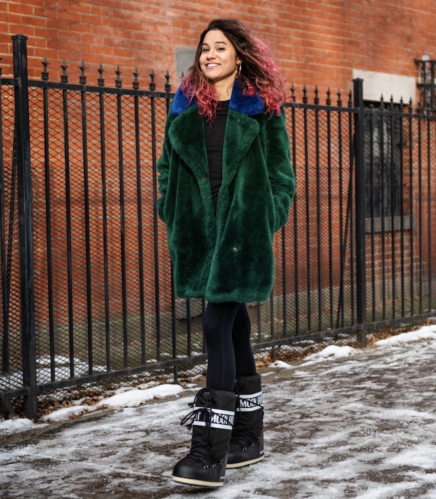 Oversized Faux Fur Coat Meets Tall Black Moon Boots Oversized Faux Fur Coat Meets Tall Black Moon Boots — Moon Boots Outfits