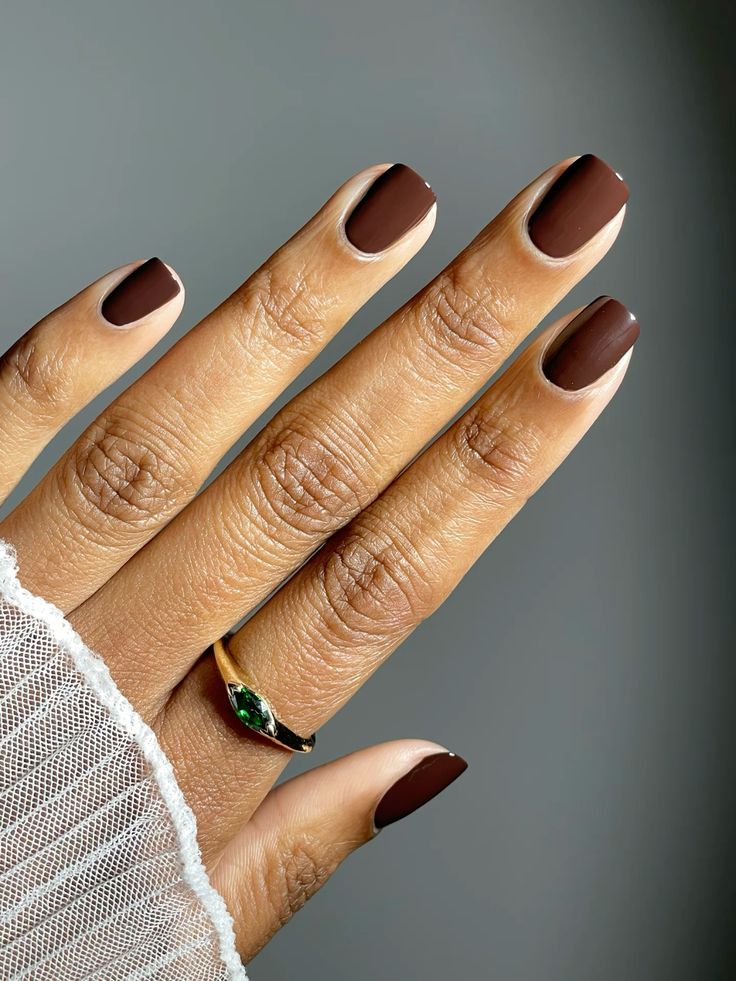 None Medium Almond Glossy Chocolate Brown — Chocolate Brown Nails