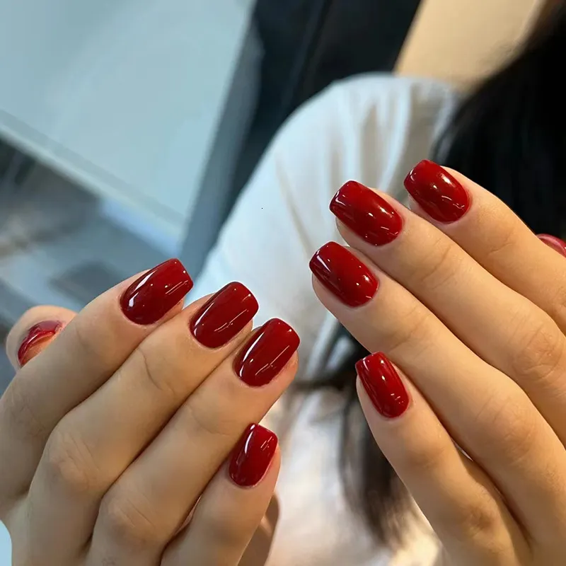 Deep Glossy Red Short Square Nails — Winter Acrylic Nail Colors