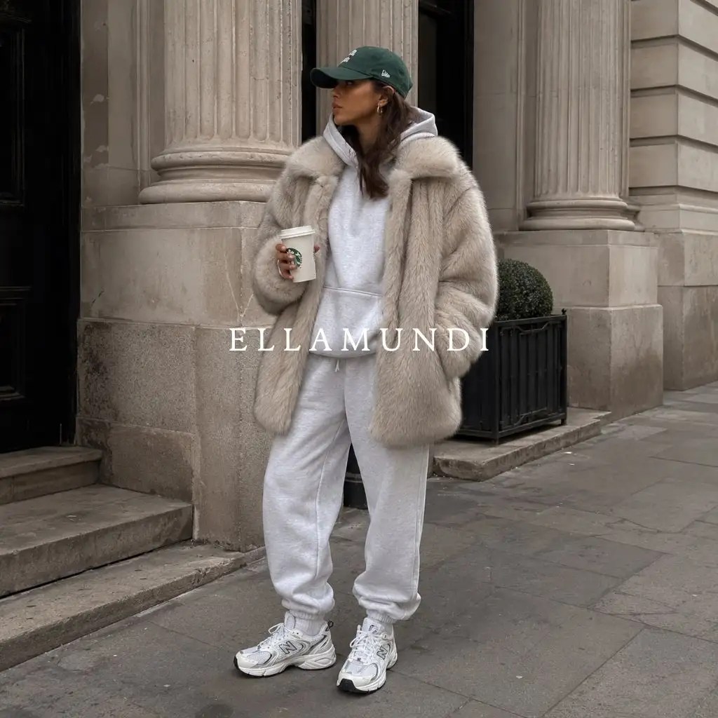Beige Faux Fur Coat over Grey Hoodie and Sweatpants Beige Faux Fur Coat over Grey Hoodie and Sweatpants — Winter Streetwear Outfits