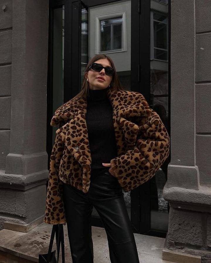 Sleek Cropped Leopard Jacket with Leather Pants Sleek Cropped Leopard Jacket with Leather Pants — Leopard Coat Outfits