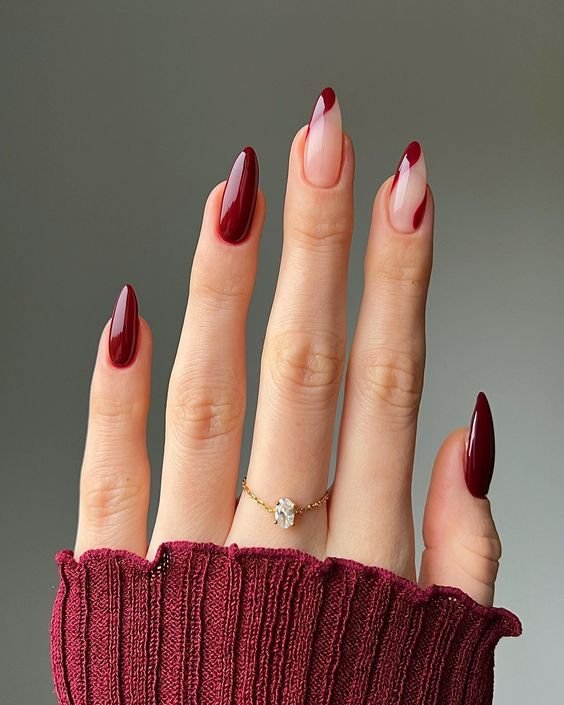 Sheer Base Color Block Long Almond — Black Cherry Nails