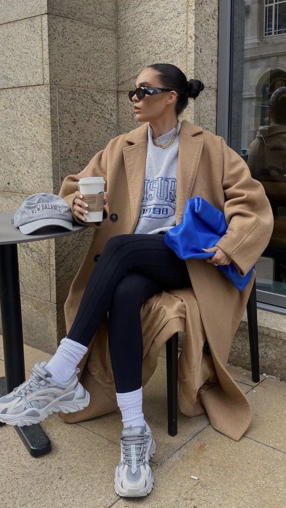 Graphic Grey Sweatshirt Under a Long Beige Coat — Hoodie Outfits