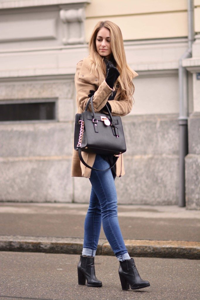 Smart Casual Polish with Heeled Boots and Camel Coat — Black Boots Outfits