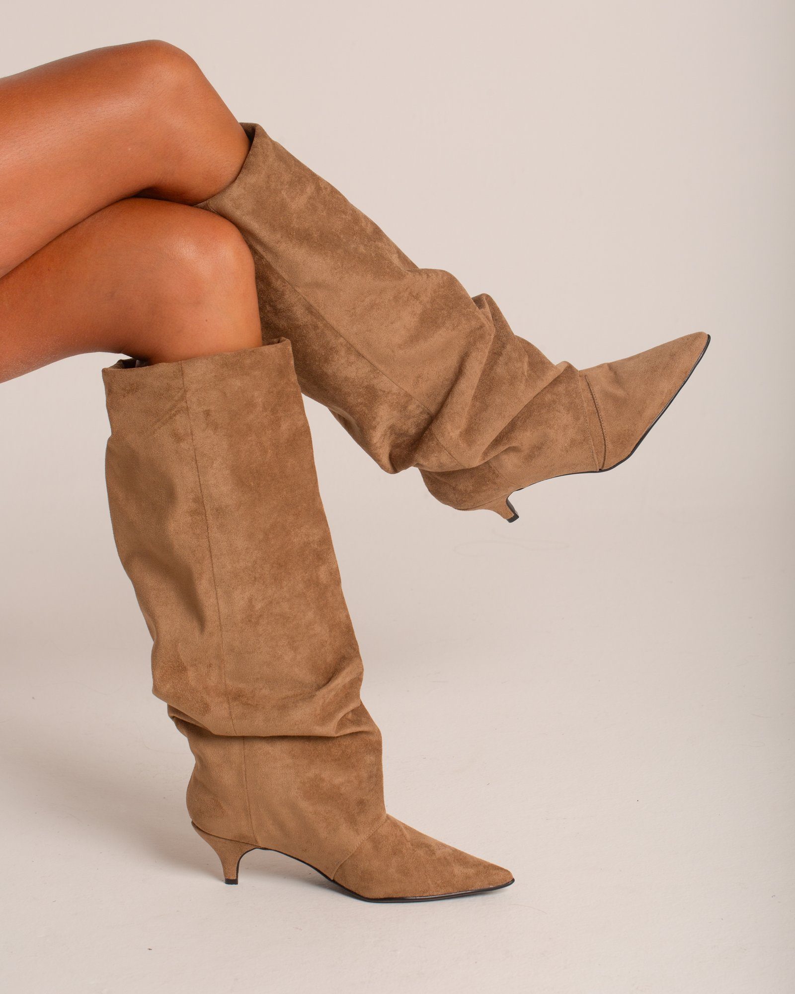 Tan Suede Slouchy Boots with Kitten Heel — Slouchy Boots Outfits