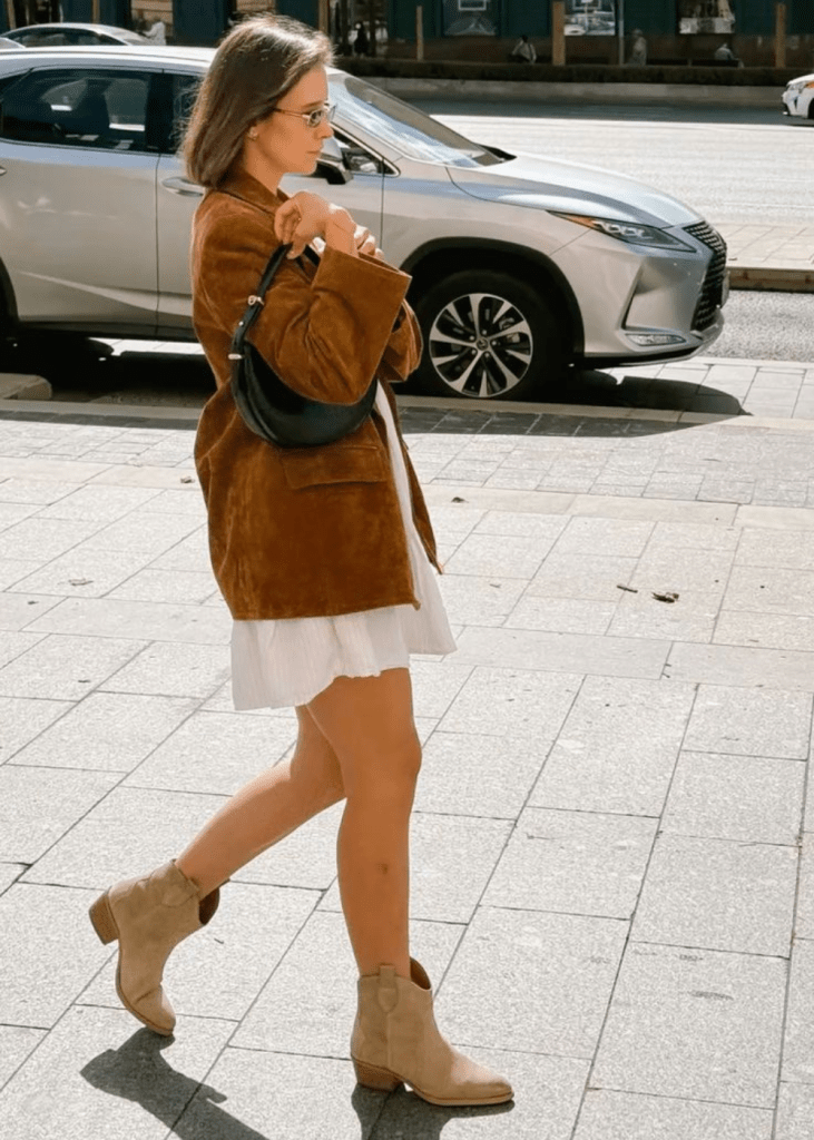 Suede Blazer Cotton Dress Textured Casual Ensemble with Tan Suede Ankle Boots — Suede Boots Outfits
