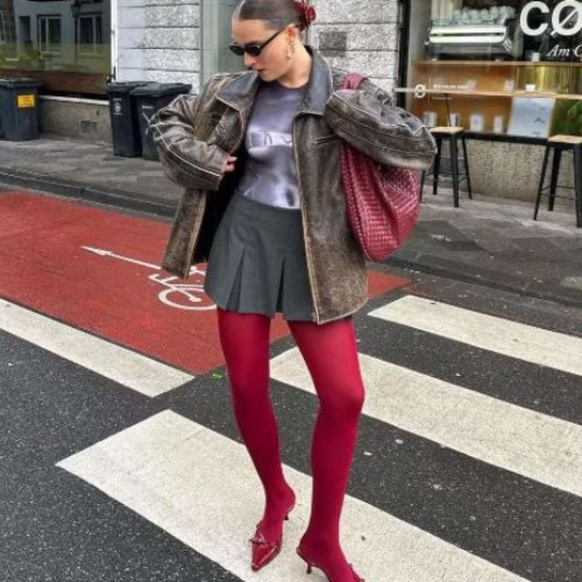 Berry Red Opaque Tights with a Metallic Top and Leather Jacket Berry Red Opaque Tights with a Metallic Top and Leather Jacket — Tights Outfits