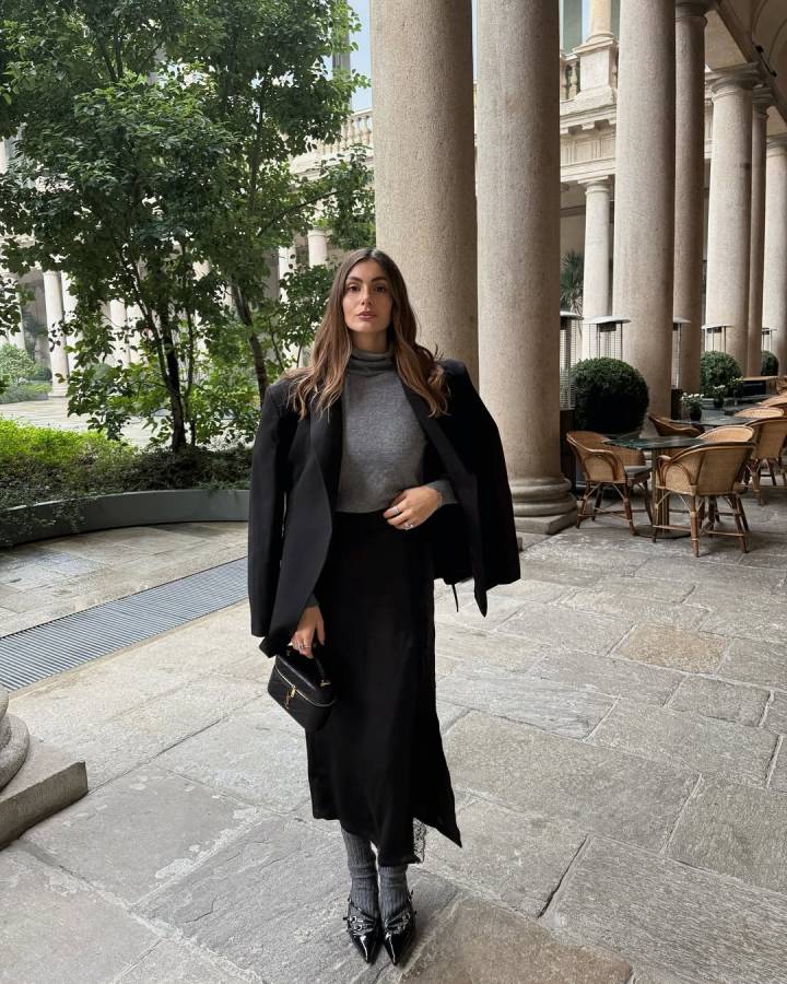 Black Satin Midi Skirt with Draped Blazer and Patterned Socks — Winter Skirt Outfits