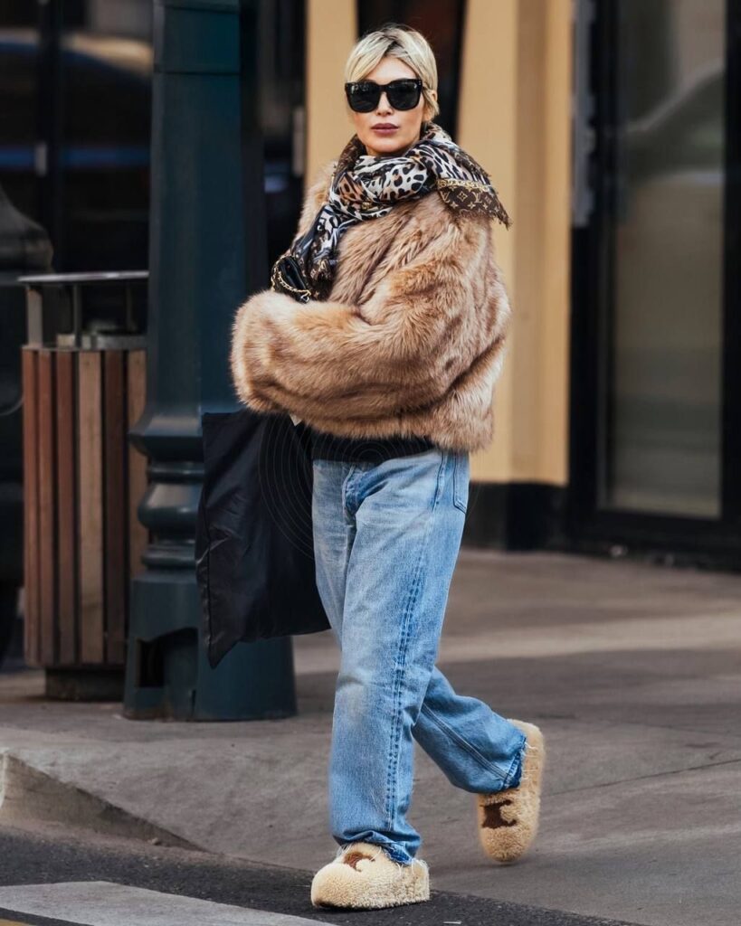Beige Faux Fur Coat with Relaxed Jeans and Leopard Scarf — Faux Fur Coat Outfits