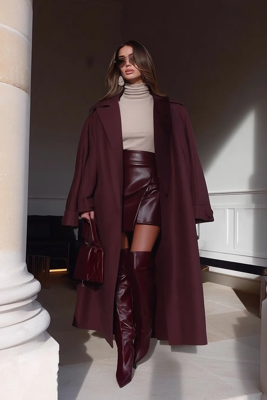 Burgundy Leather Knee-High Boots Outfit Idea — Burgundy Outfits