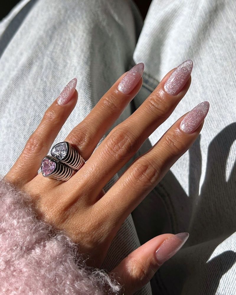 Long Stiletto Sheer Pink Fine Glitter Nails — Everyday Winter Nails