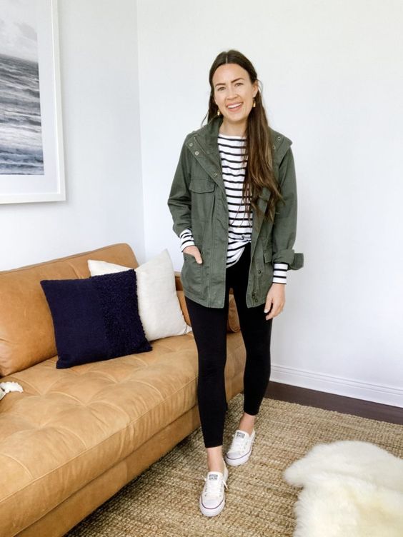 Green Utility Parka Over Striped Long-Sleeve T-Shirt and Black Leggings — Parka Outfits