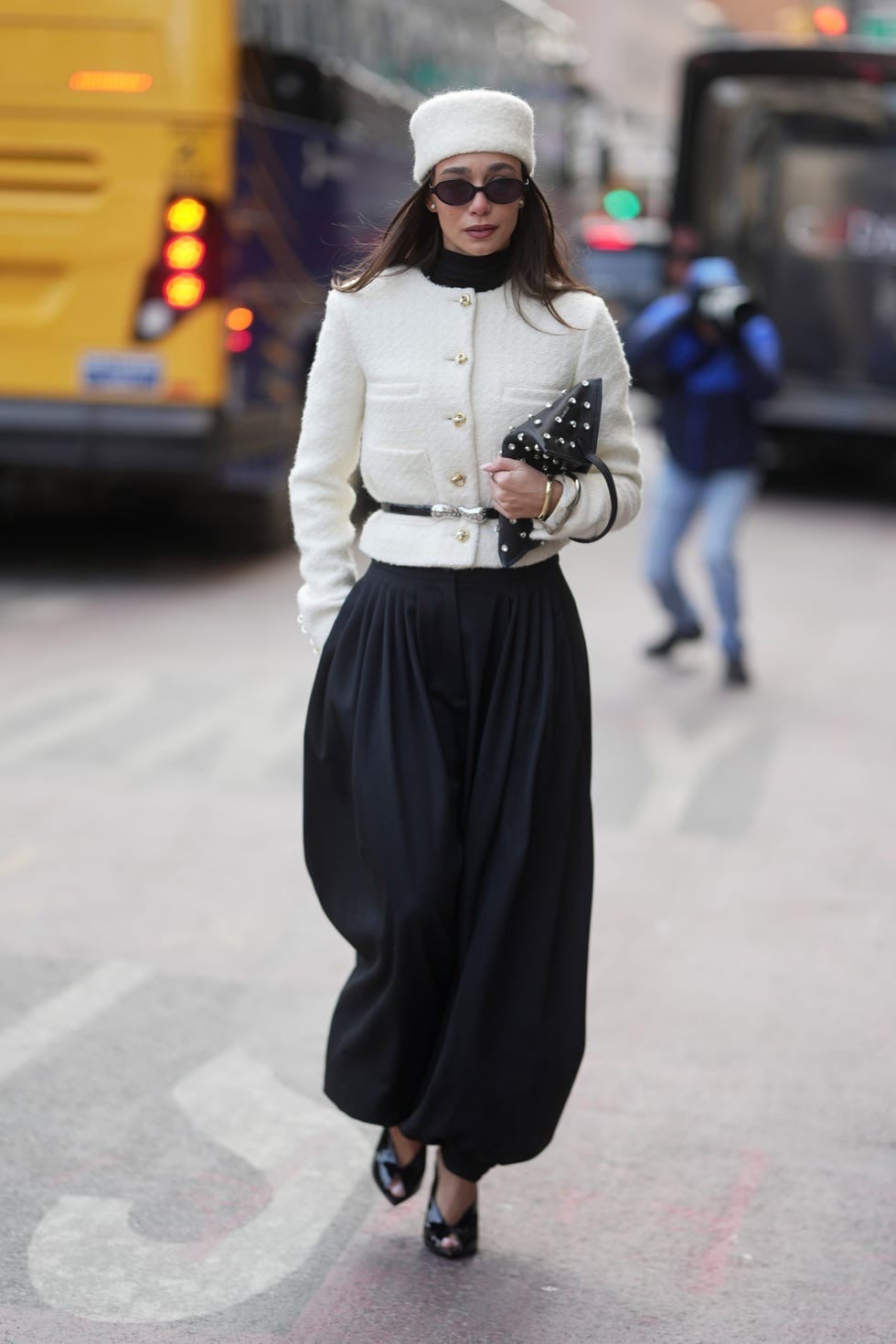White Bouclé Cropped Jacket with Wide-Leg Trousers — NYC Winter Outfits