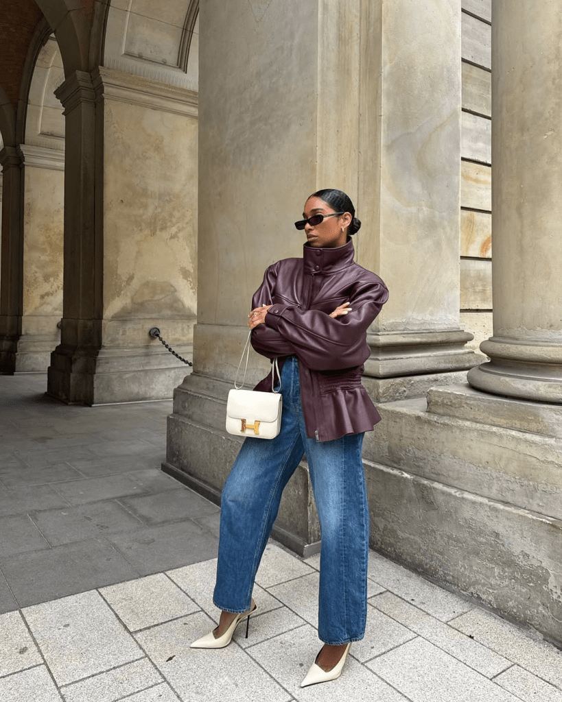 Wide-Leg Jeans with a Peplum Faux Leather Jacket — Winter Outfits with Jeans