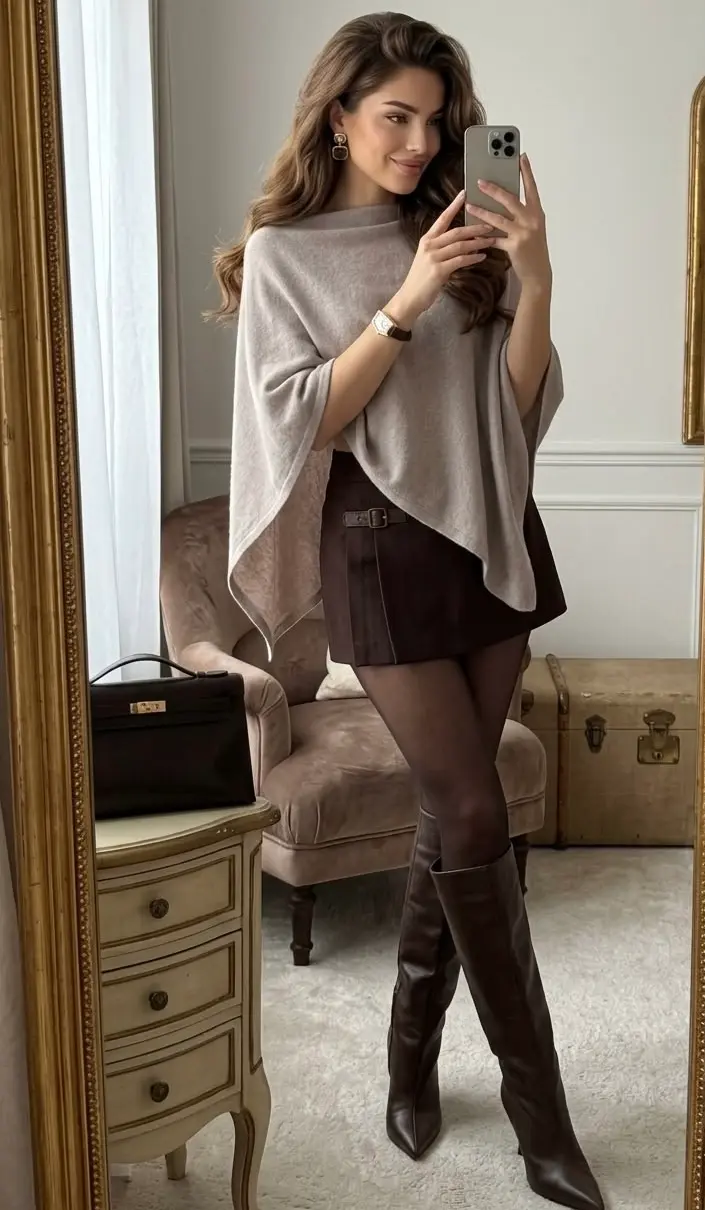 Grey Knit Poncho with Mini Skirt and Knee-High Boots — Old Money Winter Outfits