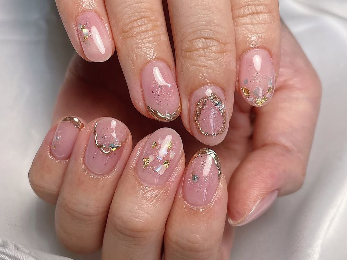 Sheer Pink with Delicate Gold Accents — Short Winter Gel Nails