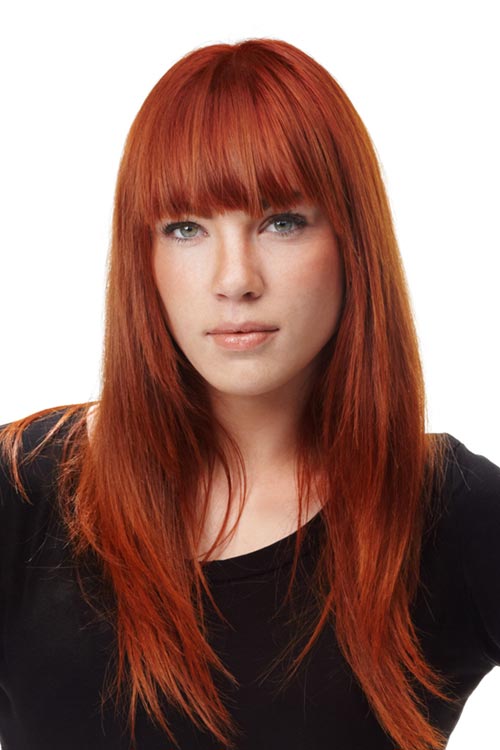 Copper Red Blowout With Full Bangs Copper Red Blowout With Full Bangs — Winter Hairstyles for Women Over 40