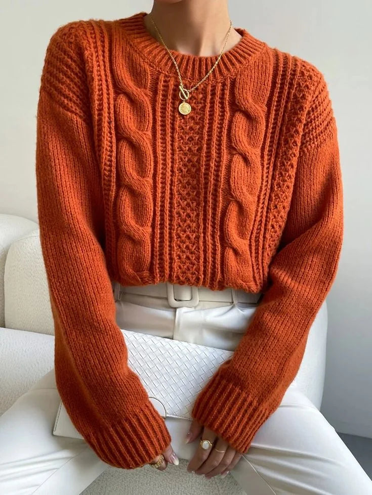 Cropped Orange Cable-Knit Sweater with White Trousers — Oversized Sweater Outfits