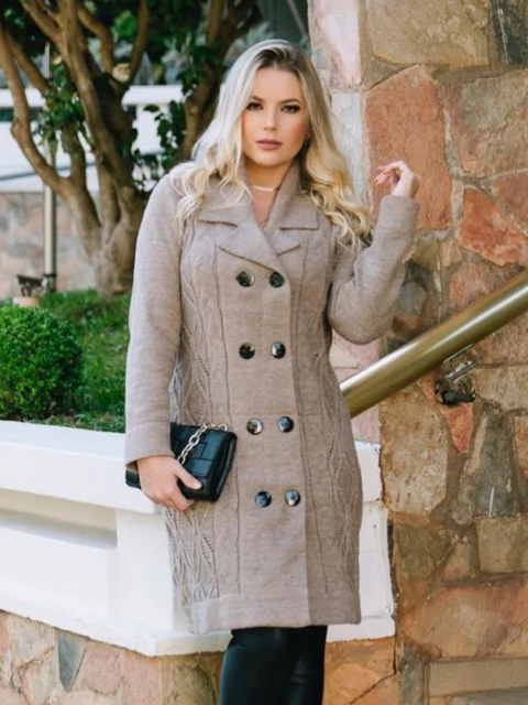 Textured Knit Car Coat: Beige with Black Trousers — Car Coat Outfits