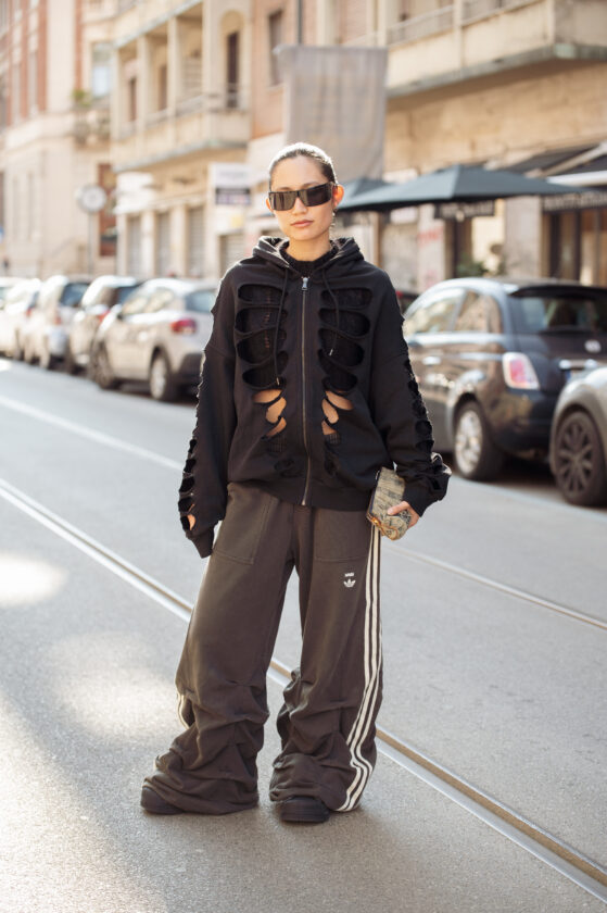 Velour Set with Graphic Detail and Clear Heels — Sweatpants Outfits