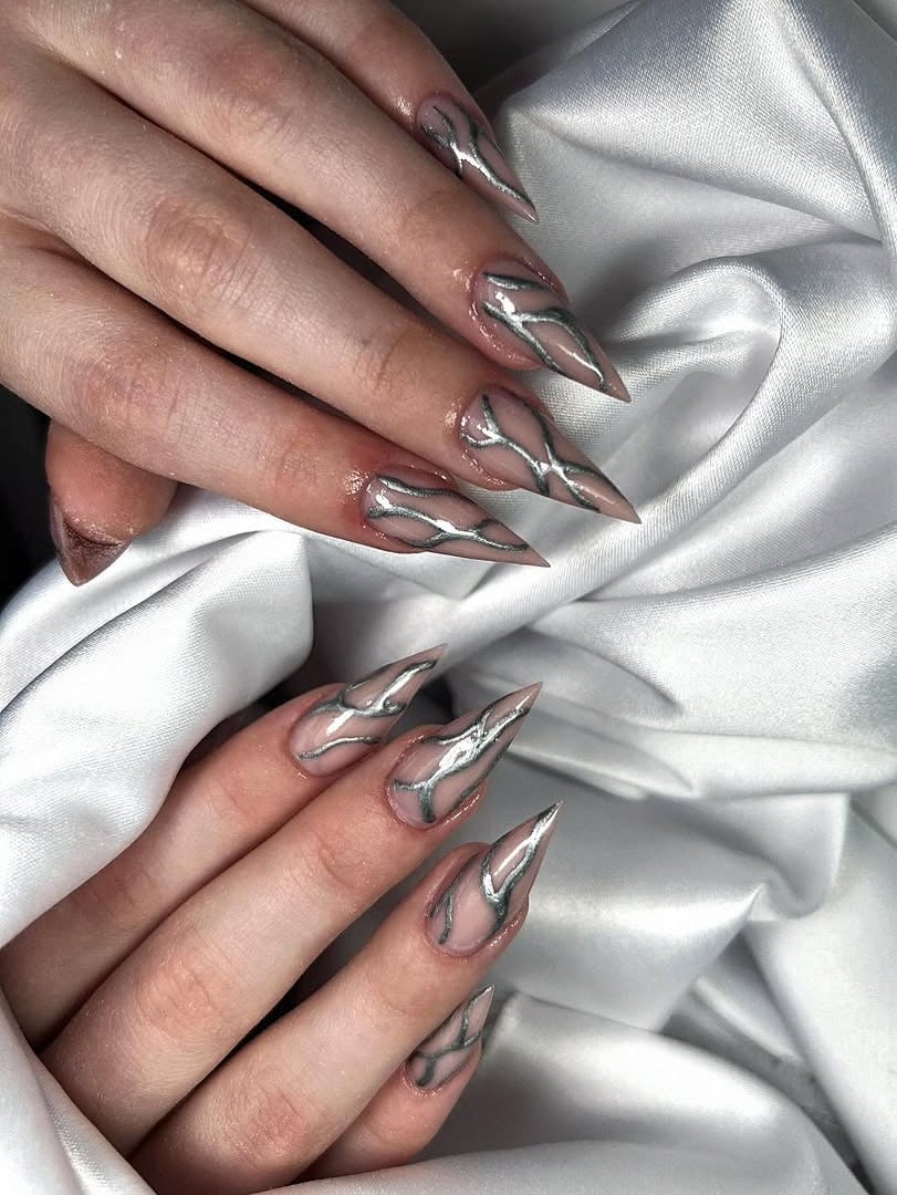 Nude Base with Flowing Silver Lines — Silver Chrome Nails