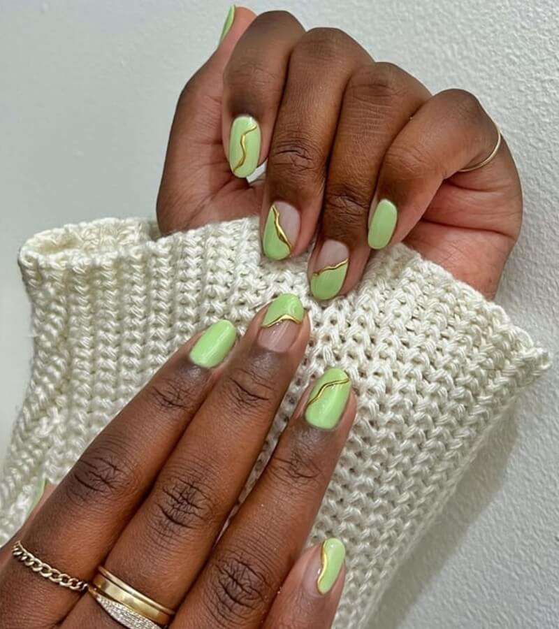 Light Green Gold Line Art Nails — Winter to Spring Transition Nails