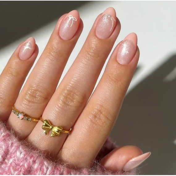 Sheer Pink White Line Art Almond Nails — Short Winter Almond Nails