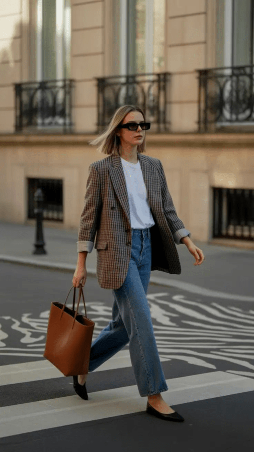 Plaid Blazer Over White Tee and Jeans: Effortless Daytime Chic — Winter to Spring Transition Outfits