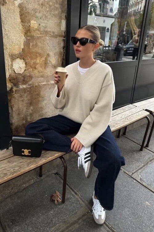 Casual Everyday Beige Knit Sweater with Wide-Leg Jeans and Sneakers — Winter Outfits with Sneakers