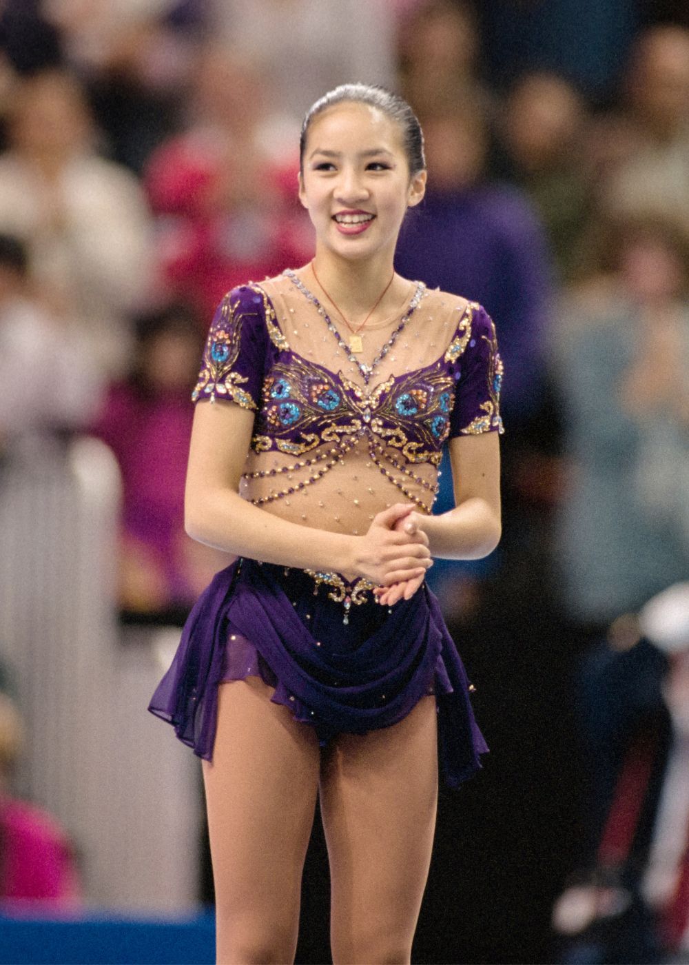 Deep Blue Dress with Sheer Mesh Sleeves and Keyhole Back Deep Blue Dress with Sheer Mesh Sleeves and Keyhole Back — Ice Skating Outfits