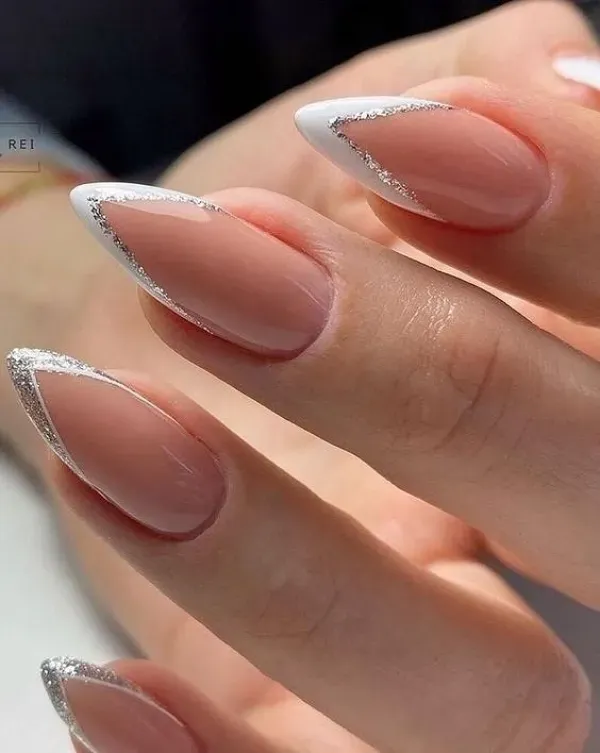 Stiletto French Tips with Silver Glitter Accent Stiletto French Tips with Silver Glitter Accent — Winter French Tip Nails