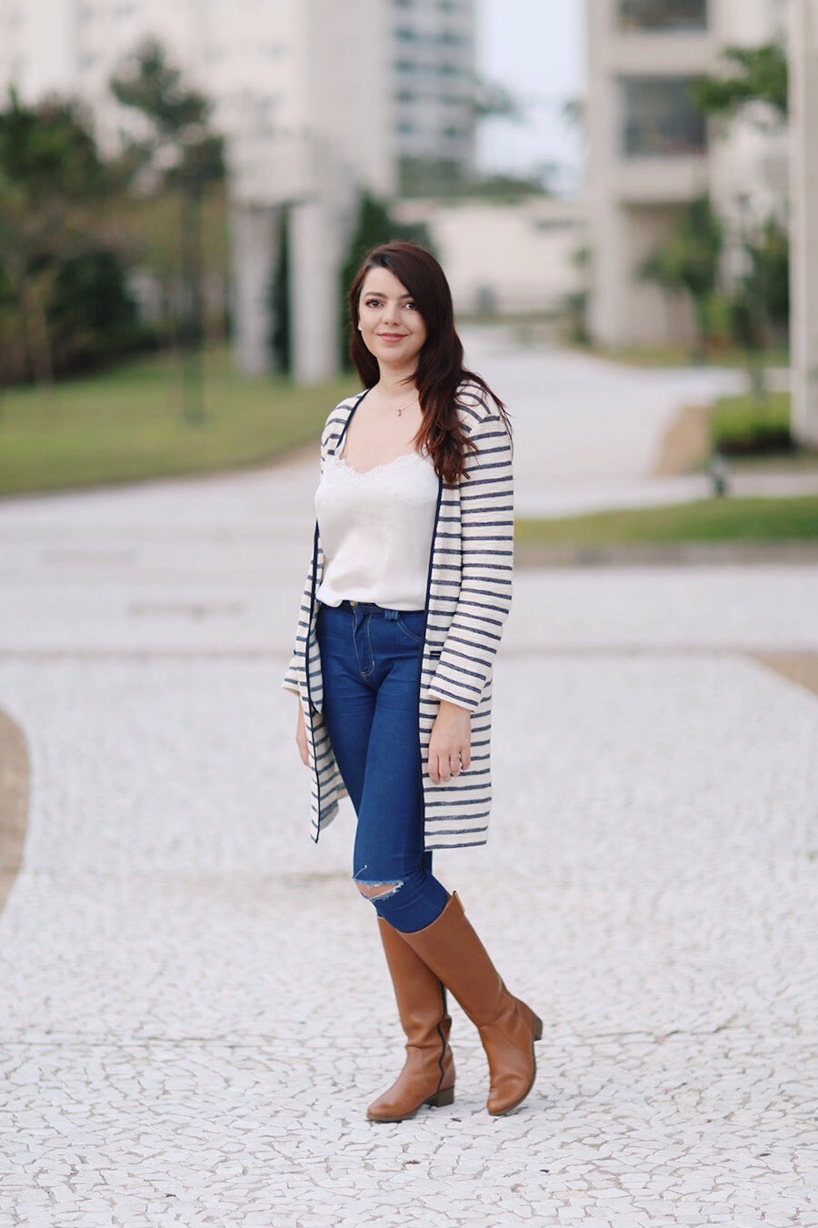 Relaxed Brown Riding Boots with Striped Cardigan and Denim — Riding Boots Outfits