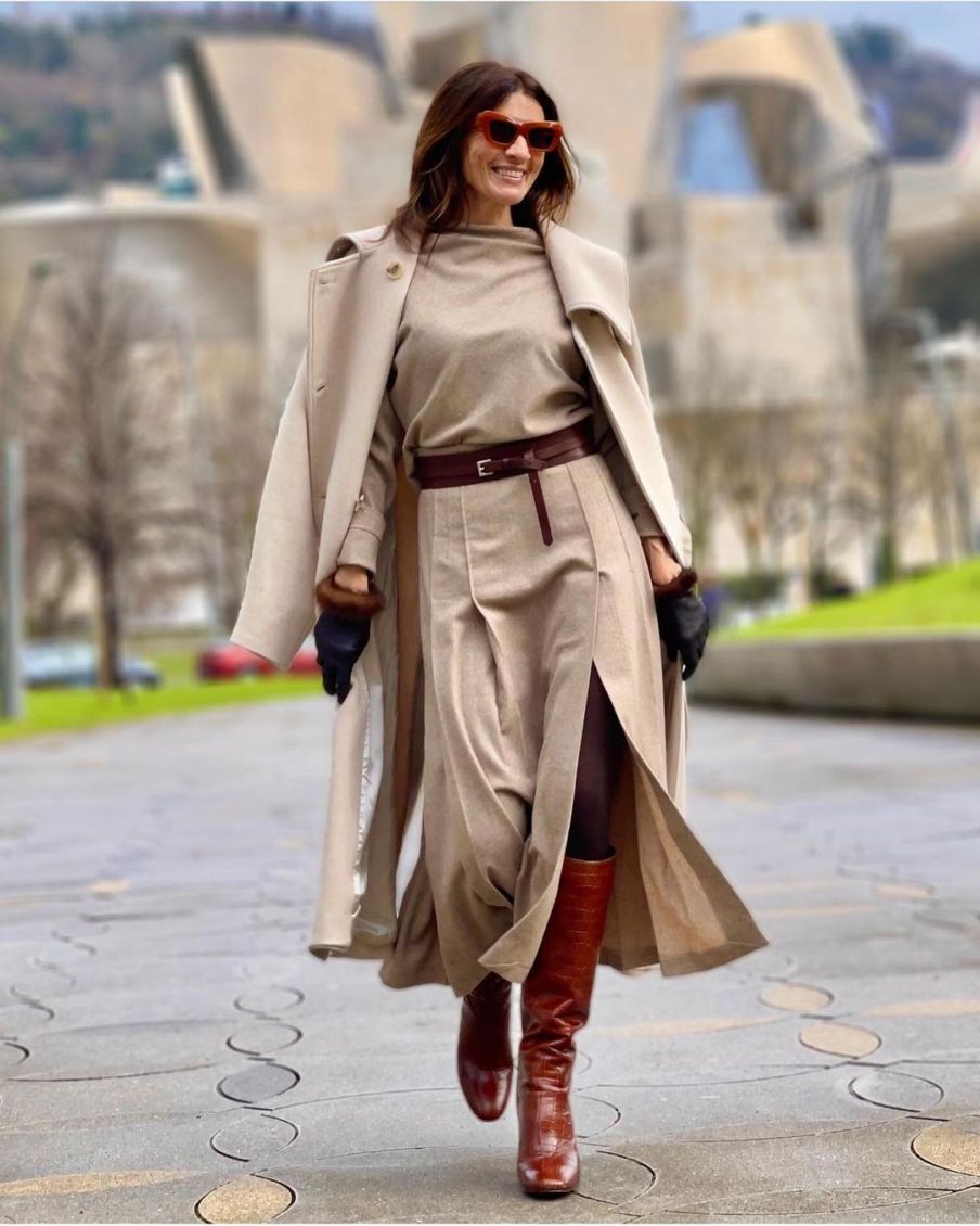 Chic Beige Dress and Coat Ensemble Chic Beige Dress and Coat Ensemble — Winter Layering Outfits