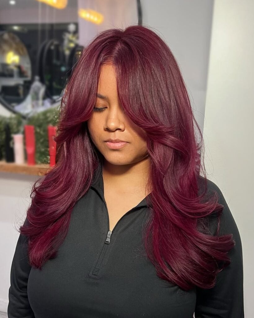 Cherry Cola Blend With Curtain Bangs — Cherry Cola Hair Color