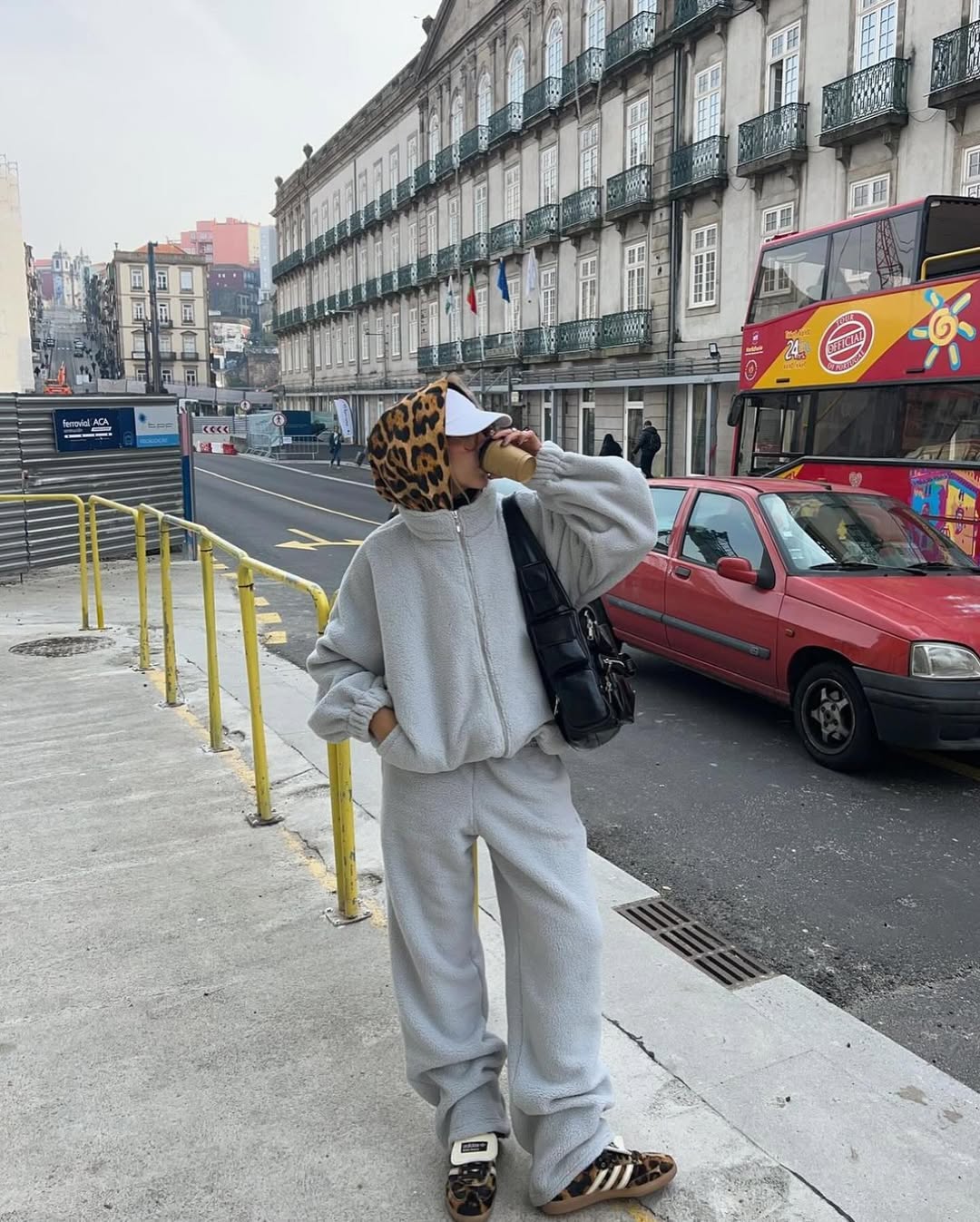 Cozy Fleece Tracksuit with Leopard Print Sneakers — Winter Outfits with Sneakers