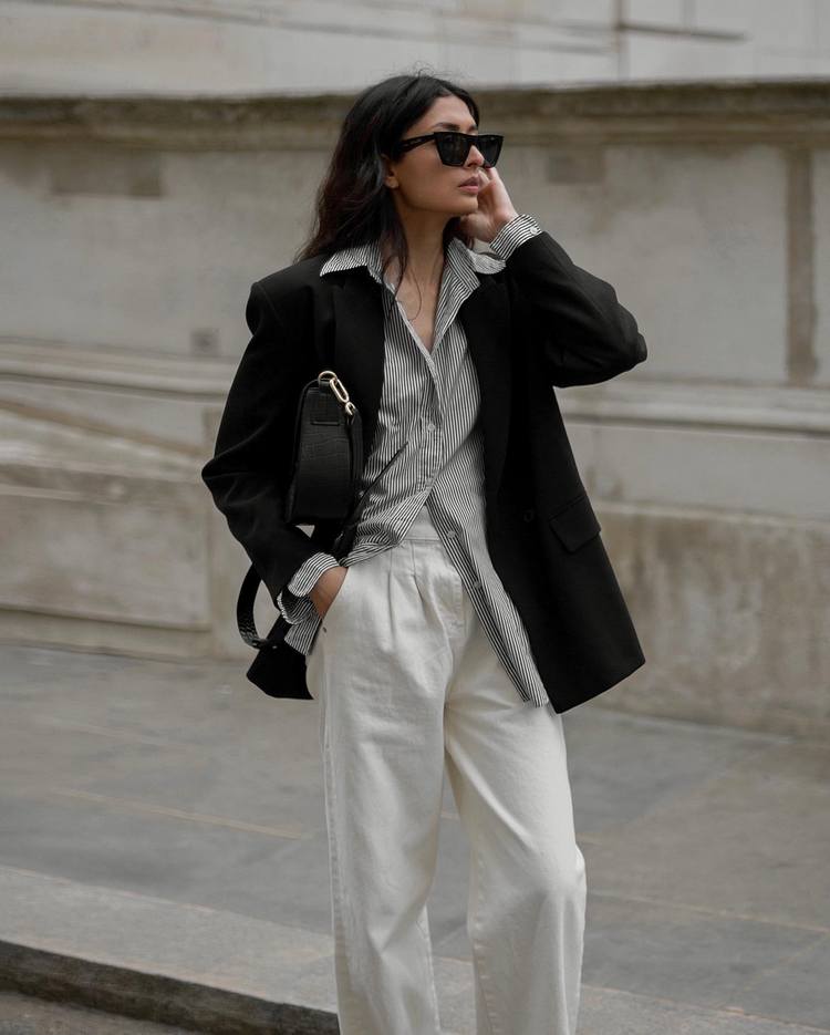 Oversized Black Blazer with Striped Shirt and Beige Trousers — Old Money Winter Outfits