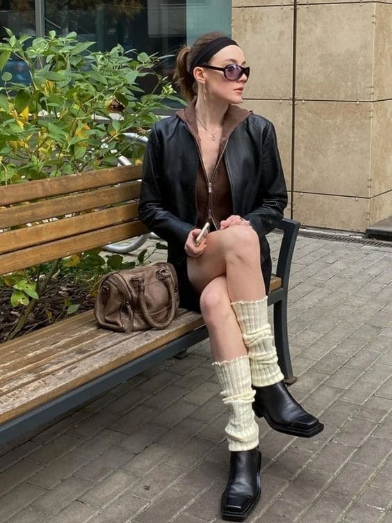 Casual Cream Ribbed Leg Warmers with Hoodie and Mini Dress — Leg Warmers Outfits