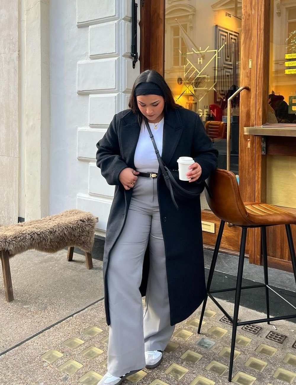 Long Black Wool-Blend Coat with White Sneakers — Cold Weather Outfits