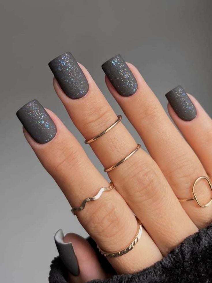 Matte Taupe Accent with Rhinestones — Winter Gray Nails