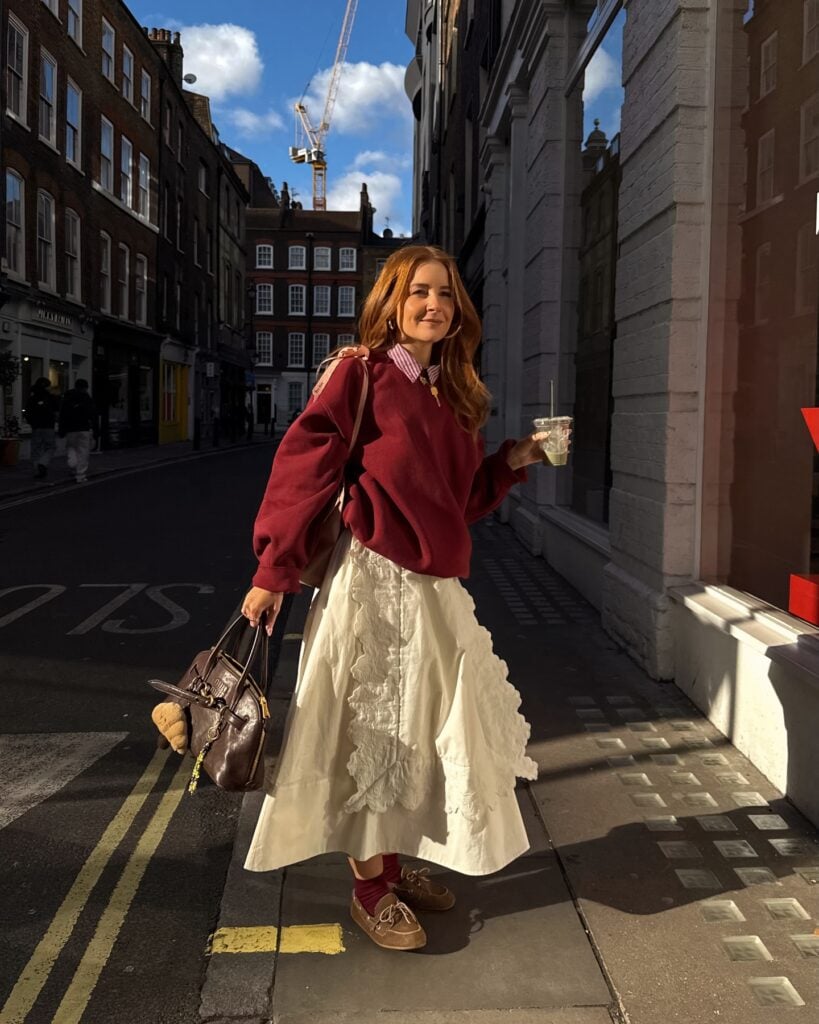 Lace-Trimmed Skirt with Oversized Sweatshirt and Boat Shoes — Winter Skirt Outfits