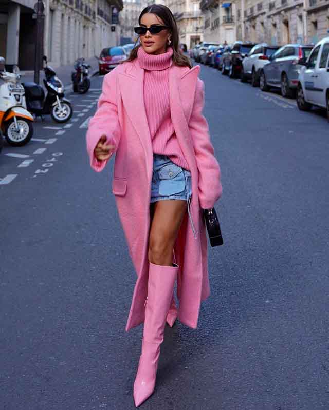 Bold Pink Statement with Denim Mini Skirt and Coat — Knee High Boots Outfits