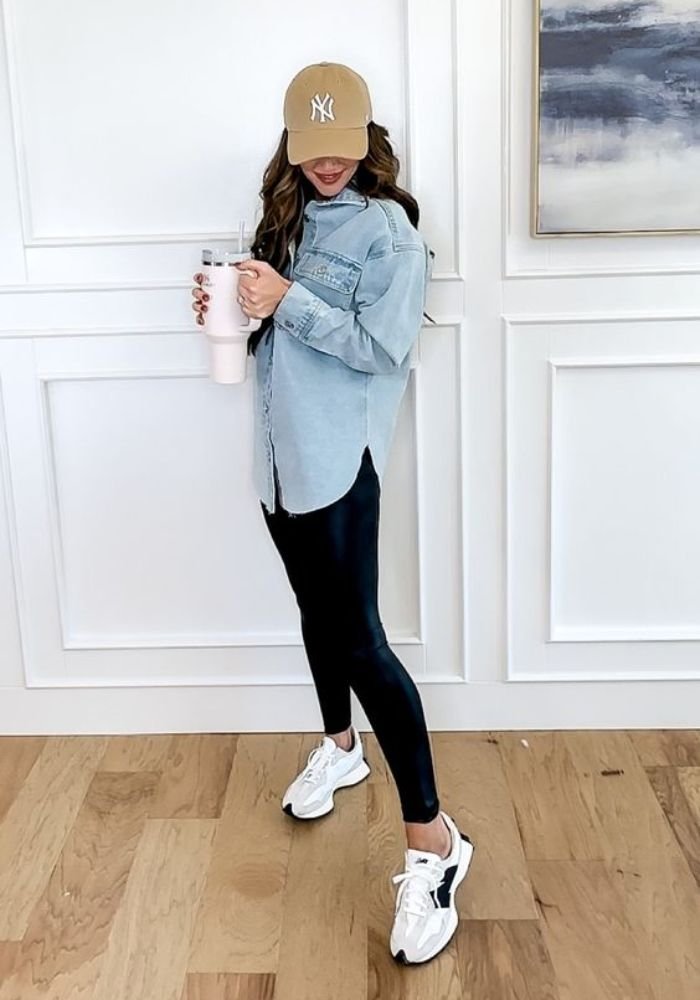 Black Faux Leather Leggings with Denim Shirt — Winter Outfits with Leggings