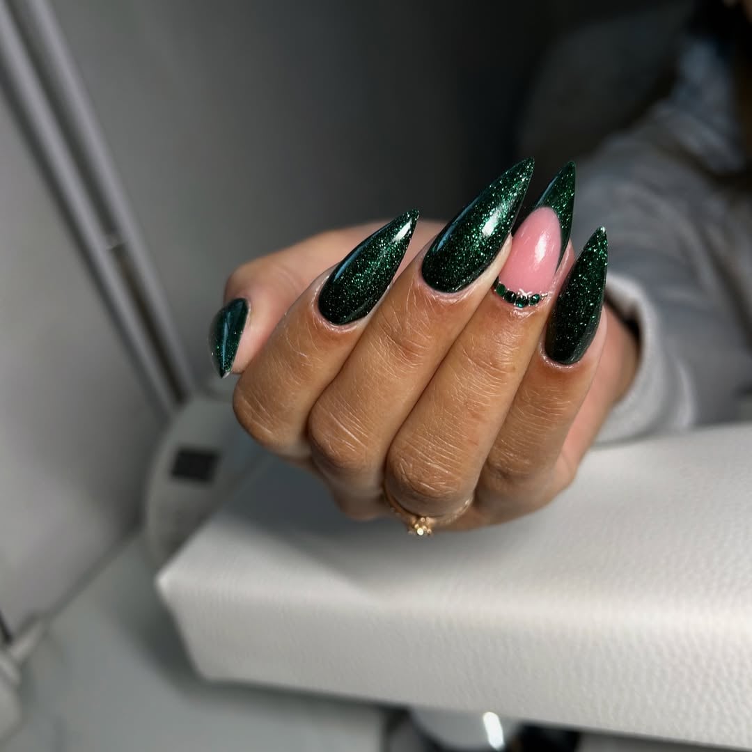 Glitter French Tips And Accent Gems Visual Idea — Emerald Green Nails