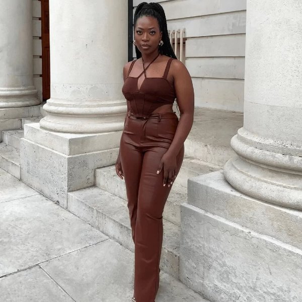 Monochromatic Brown Leather Set with Corset Top and Pointed Heels — Leather Pants Outfits