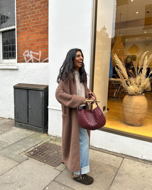 Brown Knit Long Cardigan with Wide-Leg Jeans — Long Coat Outfits