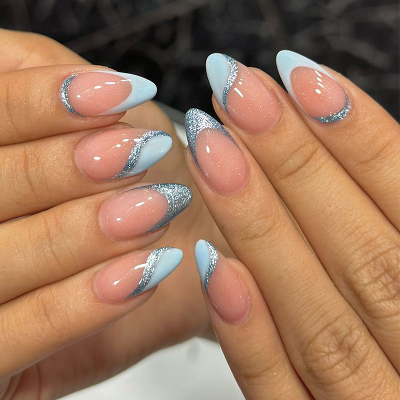 Shimmering Pale Blue Glitter French Tips — Winter Blue Nails